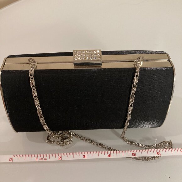 Black Satin Glitter Box Clutch Purse , Silver Diamante Crystal Clasp - Picture 2 of 12